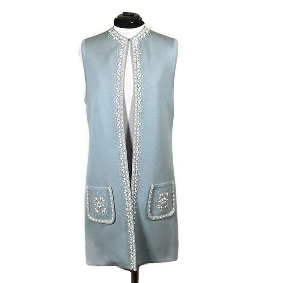 Vintage Lilli Ann Beaded Wool Long Sleeveless Vest Cardigan Duster Light Blue - Picture 1 of 15